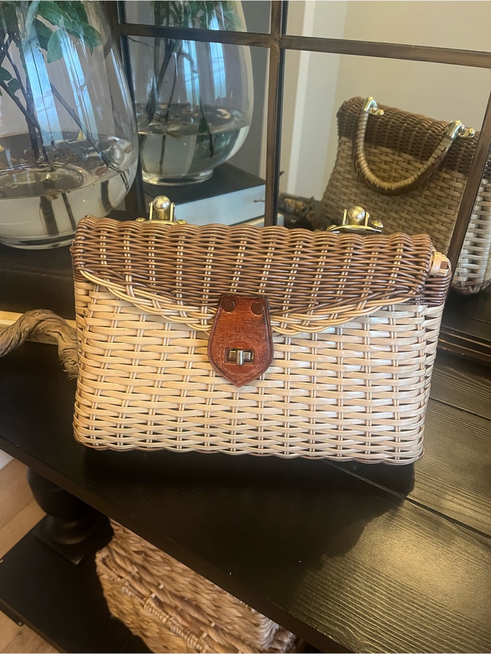 Vintage Wicker woven Handbag Basket Purse Brown & Tan Structured Top Handle - Picture 6 of 7
